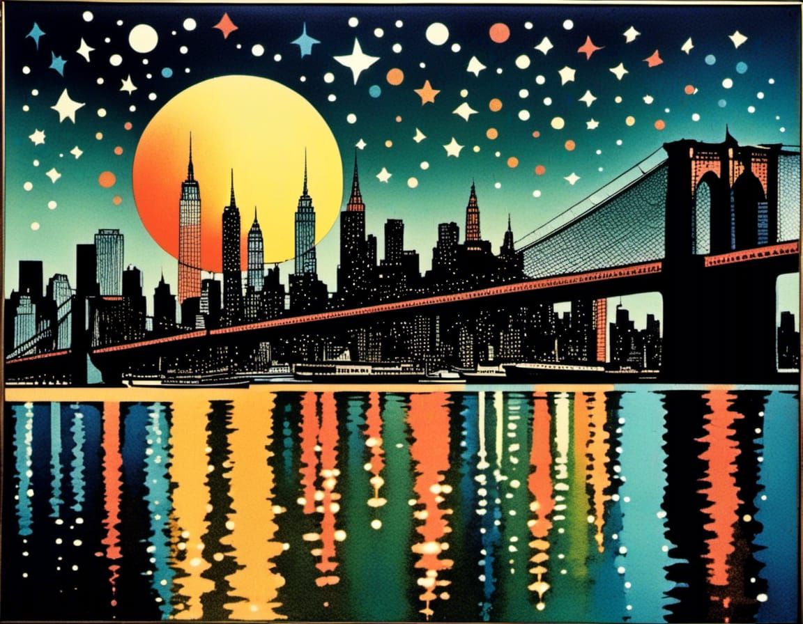 Autochrome, celestial sky with twinkling stars 🌟🌟🌟✨️✨️✨️🌟🌟🌟✨️✨️✨️ Large crescent moon over New York City skyline, shimmering river ref...