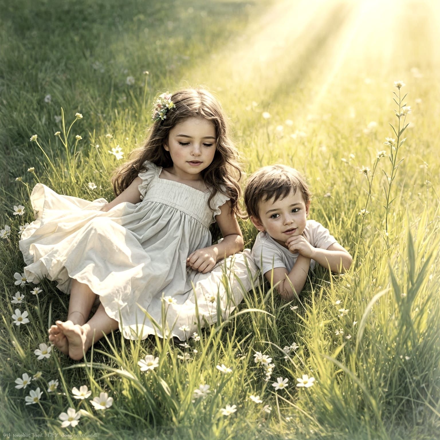 Children in Meadow Bathed in Heavenly Light