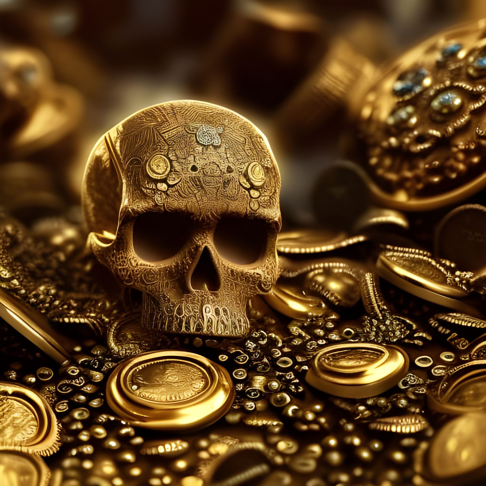 skull, jewels, gold, coins, treasure, close up, realistic, h...
