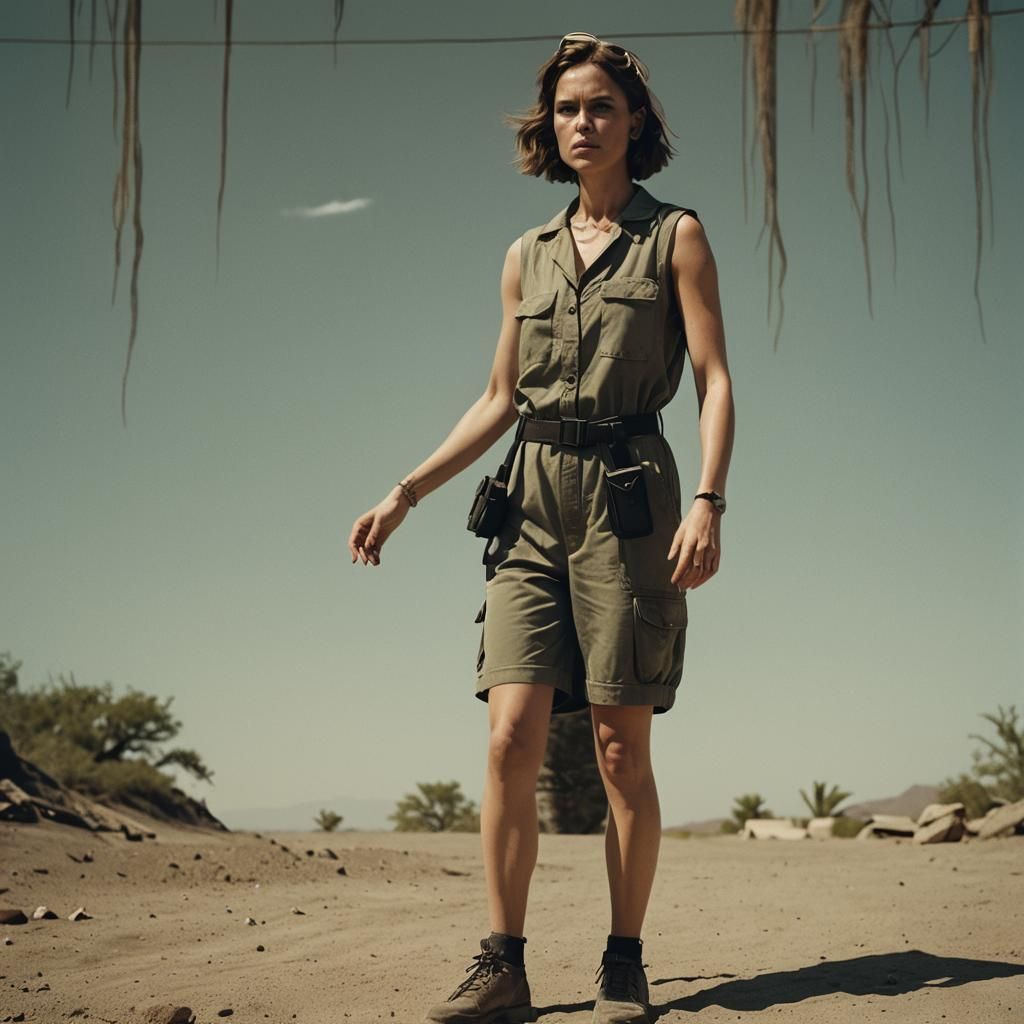 A woman arms akimbo, wearing a romper