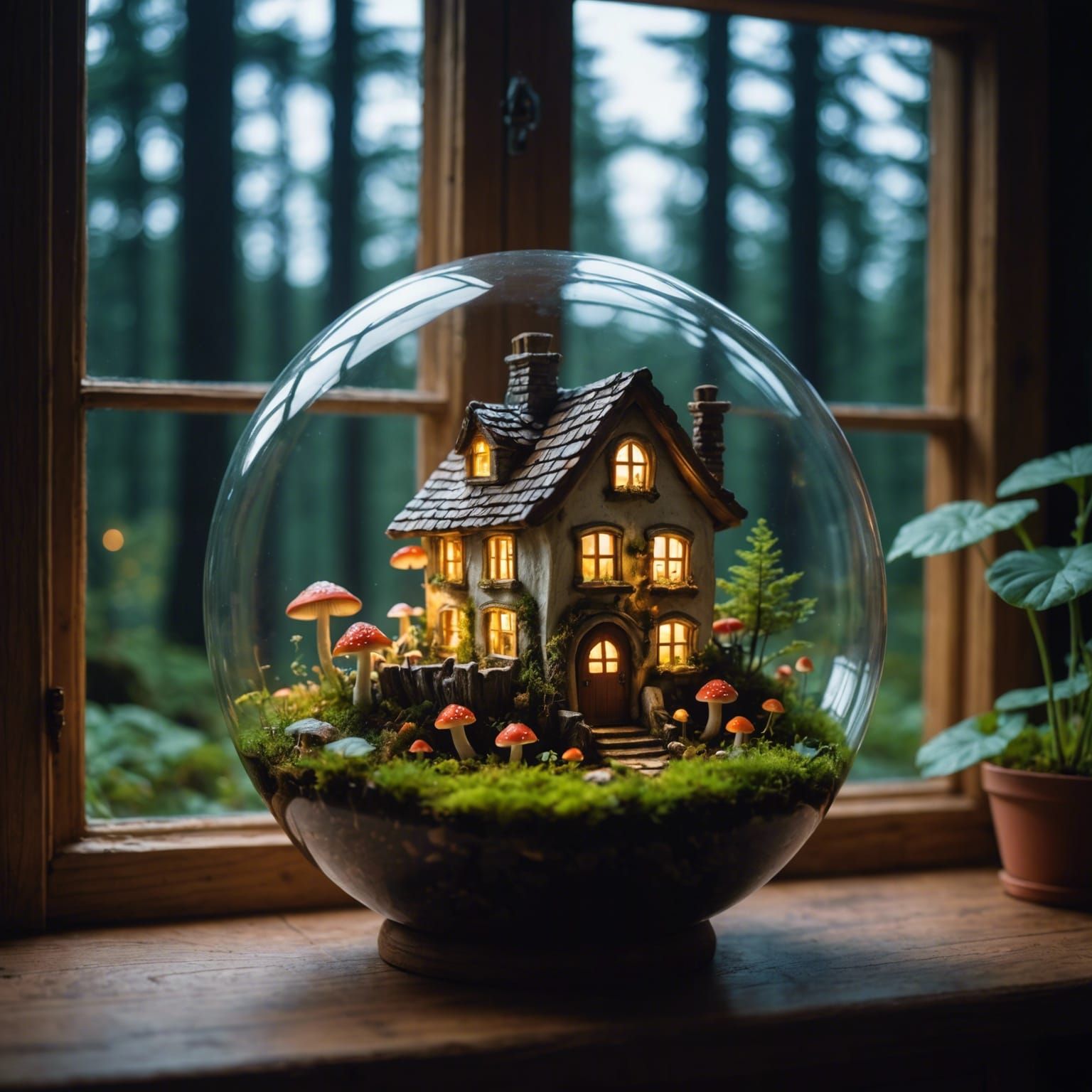 Fairy Mushroom House Terrarium at Midnight