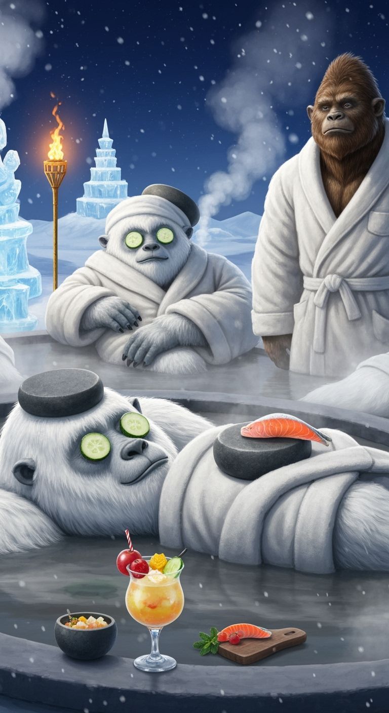  yetis and Bigfoot lounging in mud geothermal lagoons, draped in oversized plush spa robes. Giant heated basalt stones rest ...