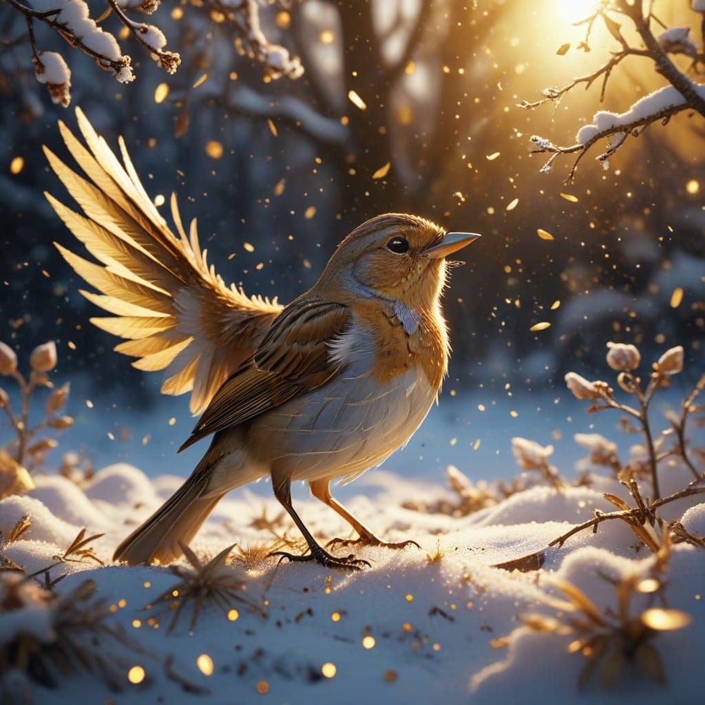 a nightingale with gold feathers singing amid the snow, the notes of the song visible and gold dynamic lighting hyper detailed golden hour c...