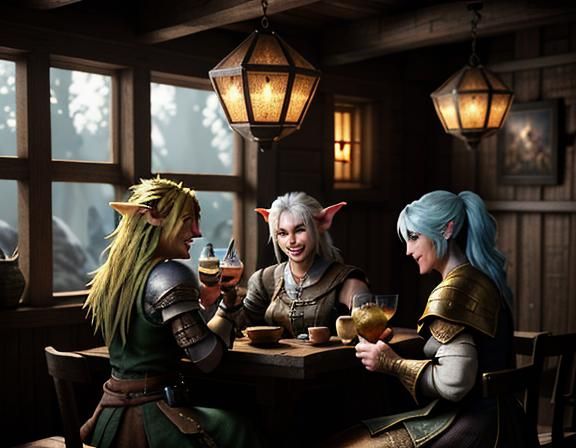 three female goblins drinking cocktails in a rustic tavern. ...