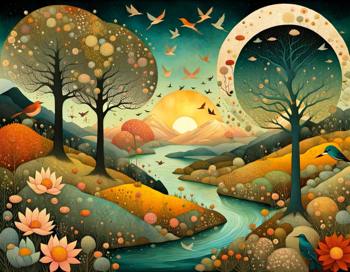 Vibrant Floral Landscape at Sunrise in Whimsical Watercolor ...