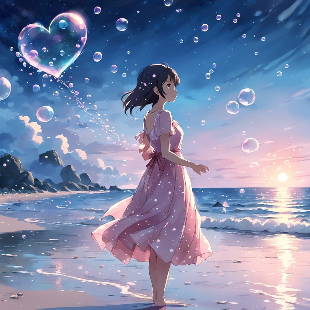 Anime Girl on Beach with Bubbles in Makoto Shinkai Style