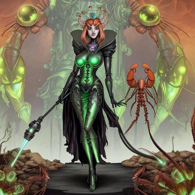 A steampunk, googie style, Jetsons, and Lovecraftian image of Yazmella, the queen of the halogens. She has organic chitin with an iridescent...