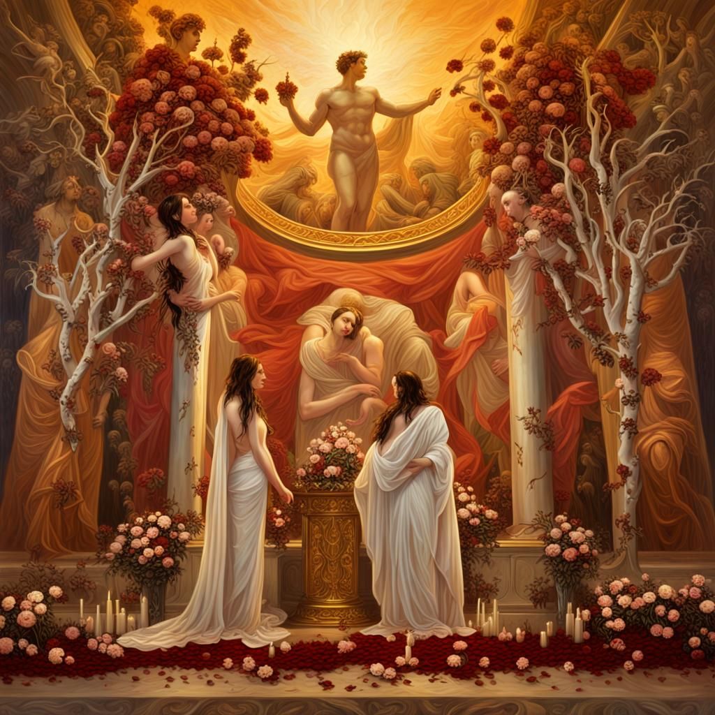 A special ceremonial chamber for the renewal of Hades' and Persephone's vows, decorated with symbols of death and rebirth as well as flowers...