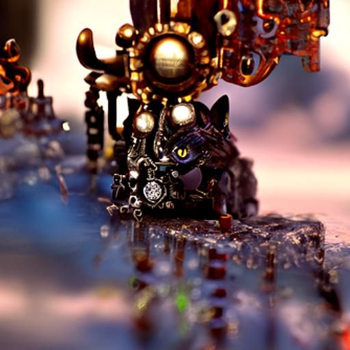 steampunk prototype robot cat made from gears, on a null bac...