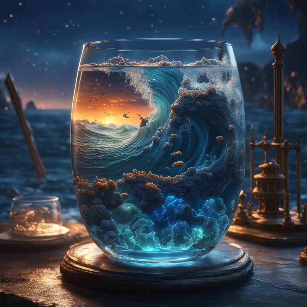 An ocean in a glass at midnight
