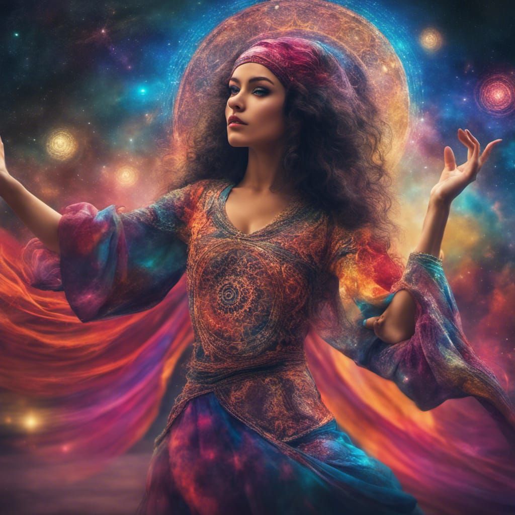 Enigmatic gypsy girl, Spiraling dance, Colorful costume, Psy...