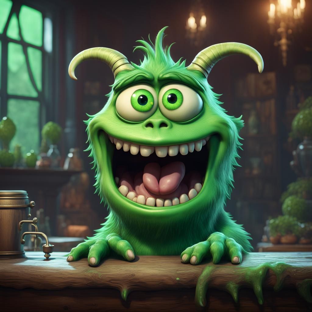 a giggling green monster named gus with bright shade of green and eyes ...