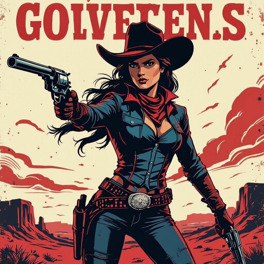 A stylized, graphic novel-inspired Western movie poster featuring a heroic cowgirl in a dynamic pose, ready for action. Bold lines, a limite...
