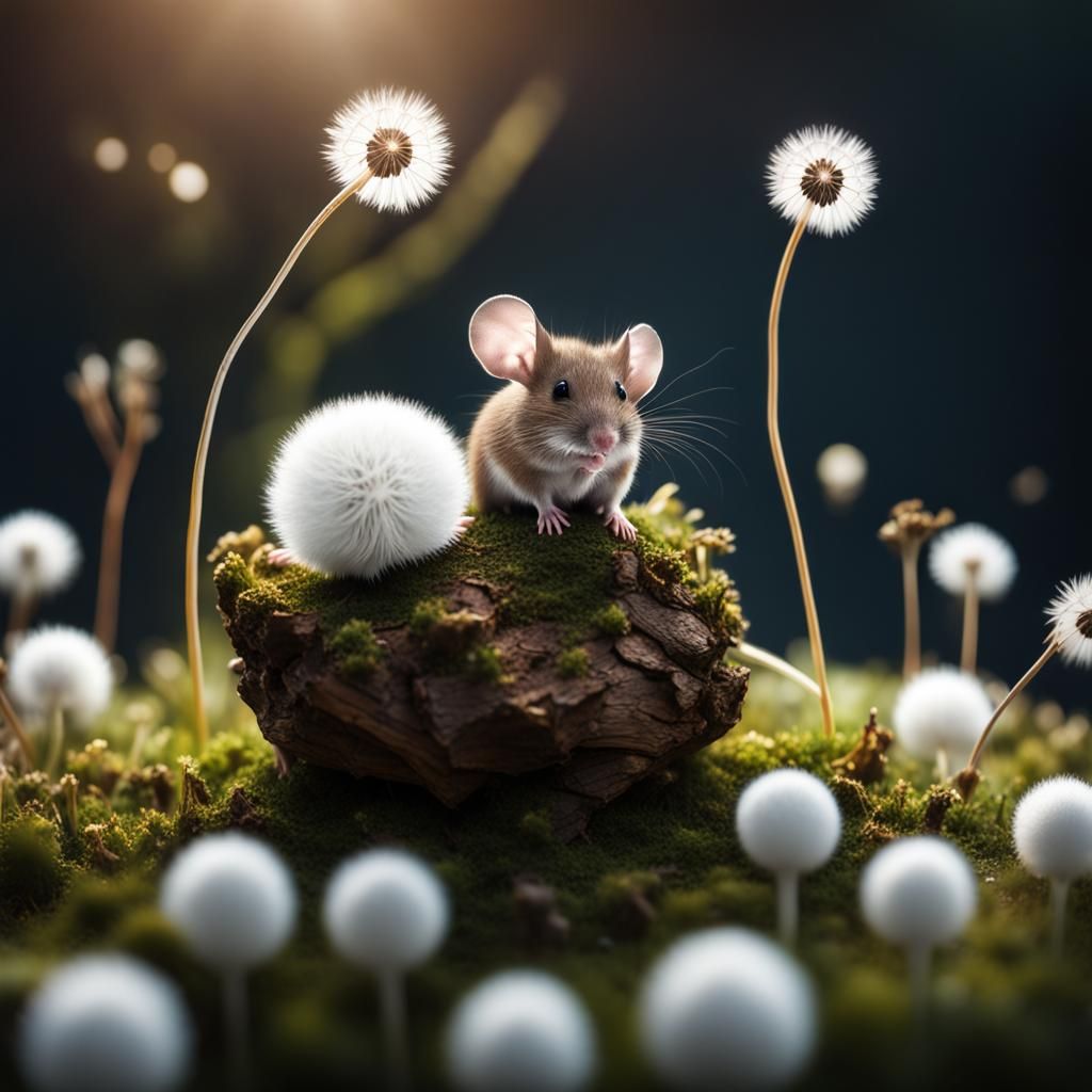 Hyperrealistic close up photography artwork of a tiny wood mouse sat around white puff ball dandelions ...  by @Andrea