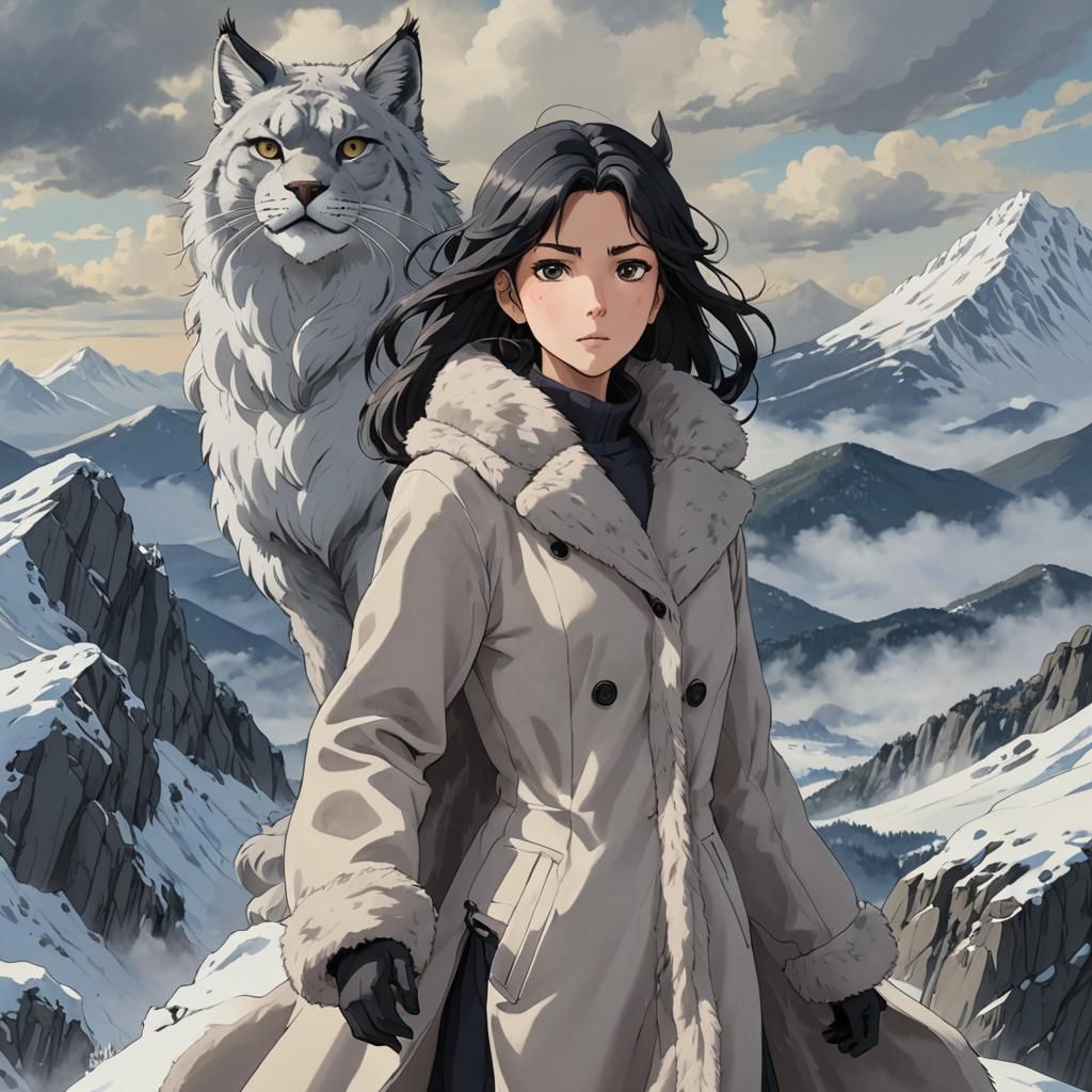Woman and Lynx on Mountain in Anime Style