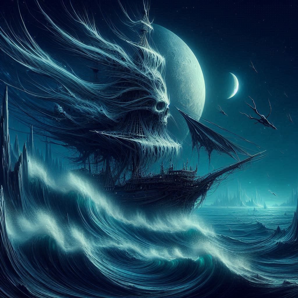 eerie ghost ship that glide and crash through the waves by wind and storm in their sails 2