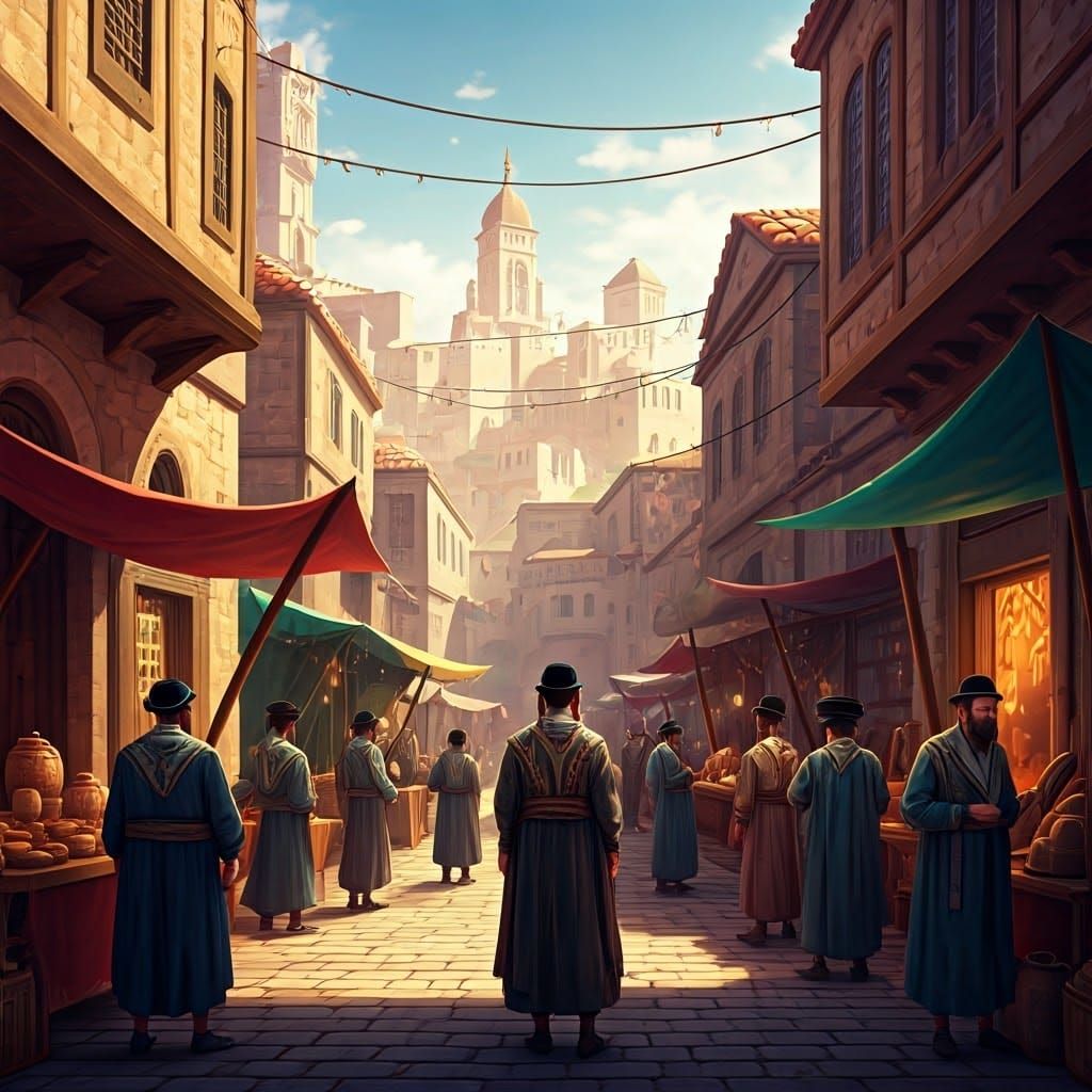 Traditional Jewish Market Scene in Vibrant, Intricate Detail