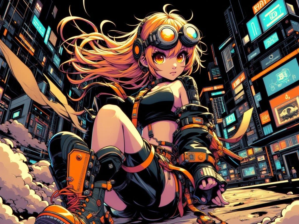 <lora:Neon Genesis:1.0> Manga girl in modern outfit, goggles, posing dynamically in an action shot, with cinematic big eyes, against a styli...