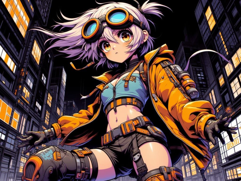 <lora:Neon Genesis:1.0> Manga girl in modern outfit, goggles, posing dynamically in an action shot, with cinematic big eyes, against a styli...