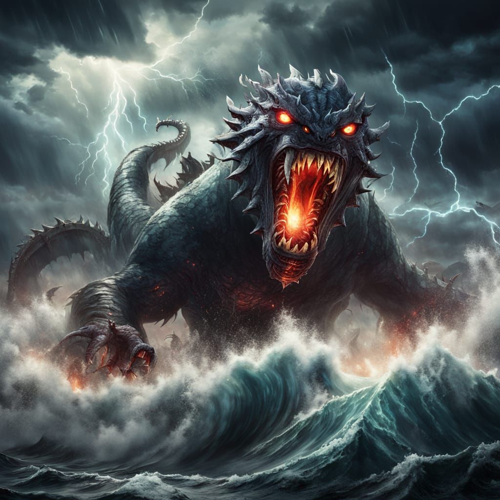  A cinematic, photorealistic scene of a colossal sea monster with glowing red eyes and sharp fangs emerging from turbulent, stormy seas, att...