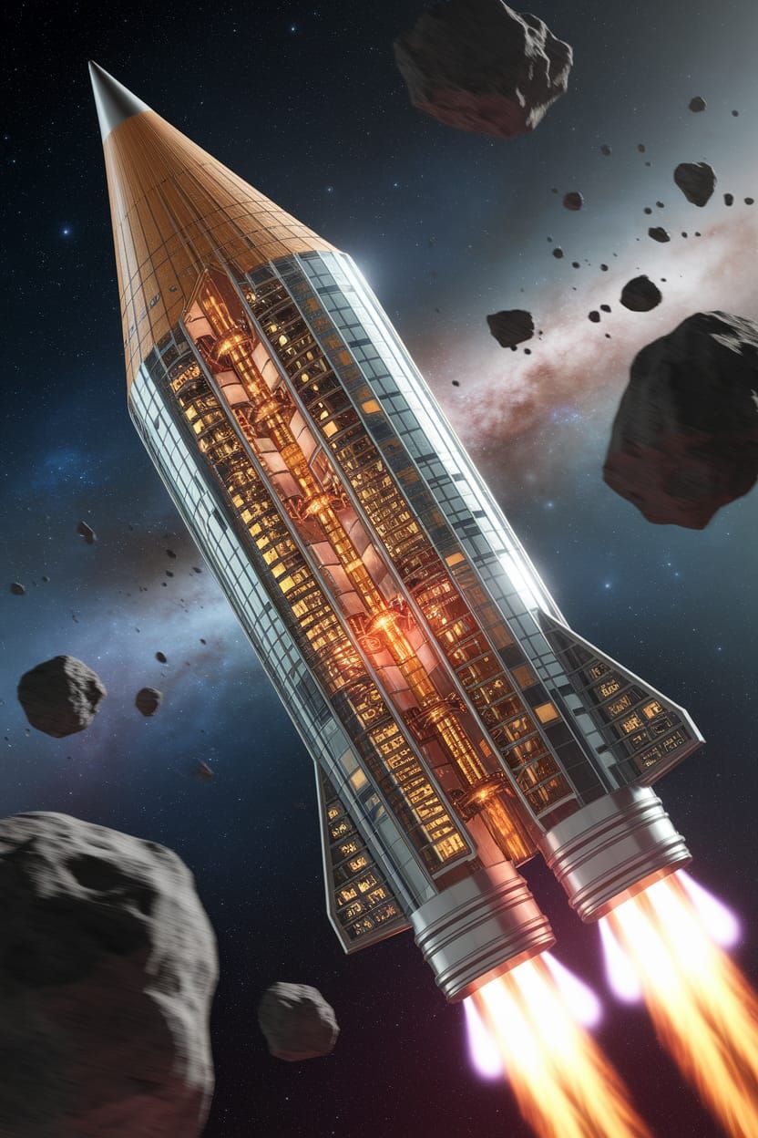 A colossal interstellar spacecraft perfectly shaped like a sleek pencil, its entire elongated body crafted from a fine lattice of glass and ...