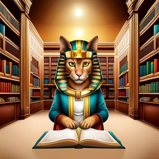 Portrait of a Shirazi Cat dressed up as Egyptian Pharoah reading book ...