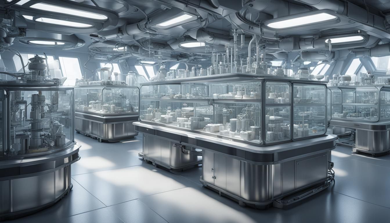 A futuristic laboratory crowded with equipment and container...