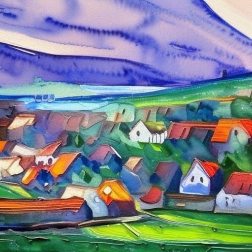 watercolor of old Scandinavian village