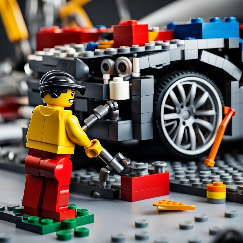 lego man mechanic working on a car