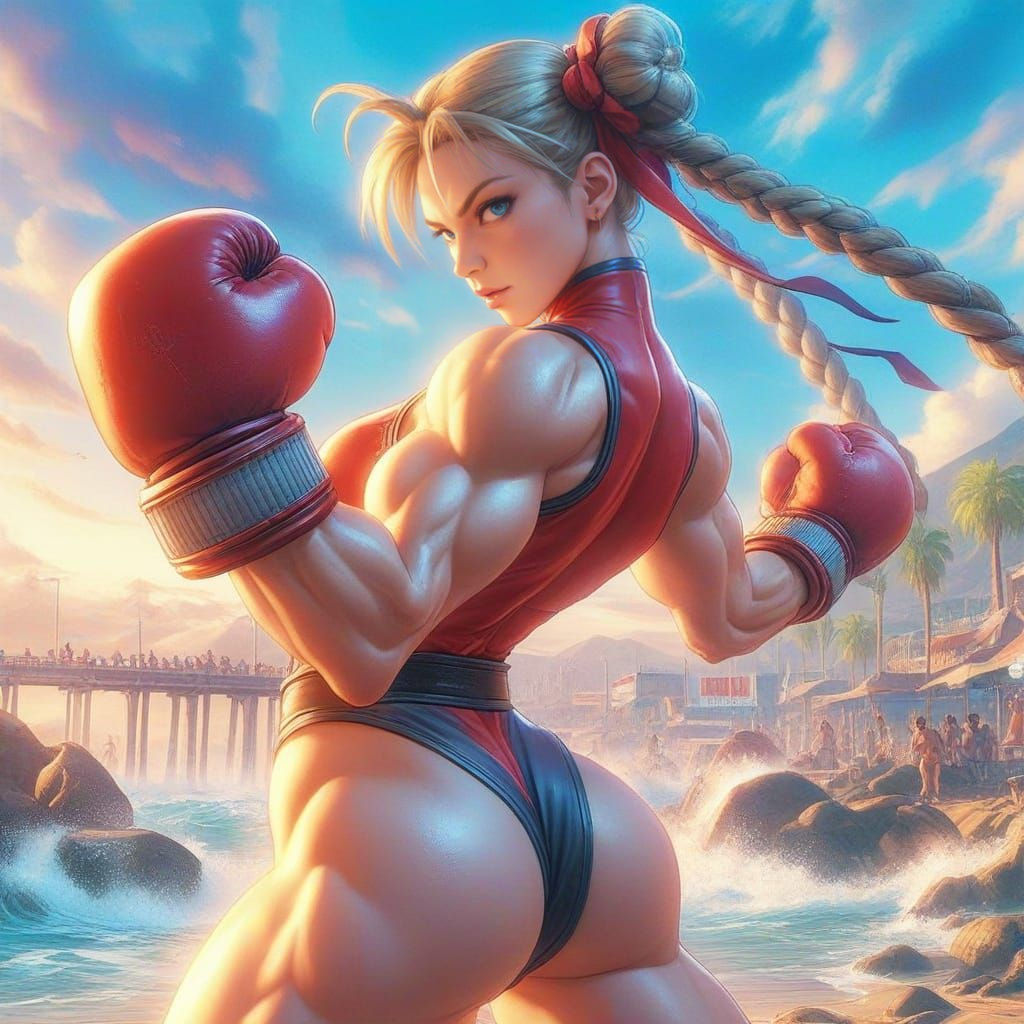 close-up panoramicrophotograph: Street Fighter II Turbo by CAPCOM: Stunning color sketch full-body illustration of Cammy; street boxing stan...
