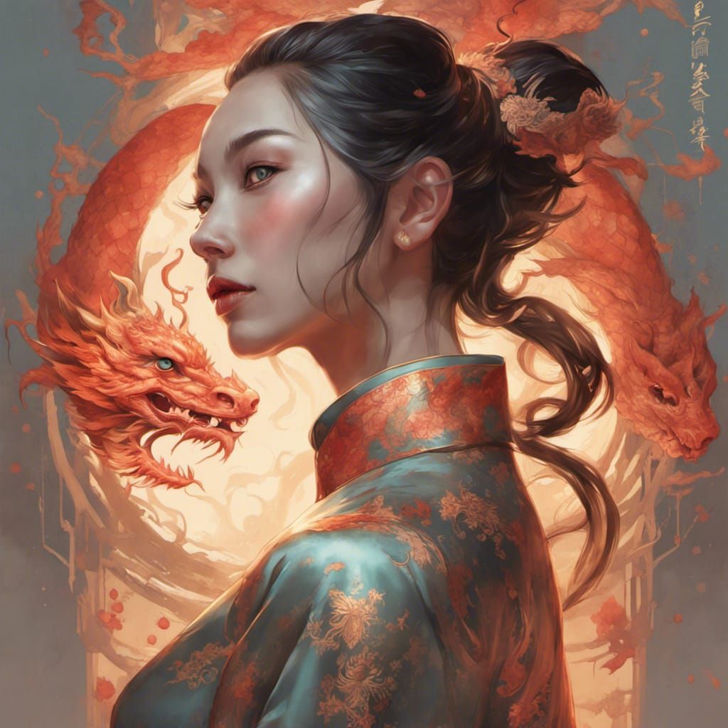 Chinese Qipao, art, elegant, Chinese dragon, lights, splashe...