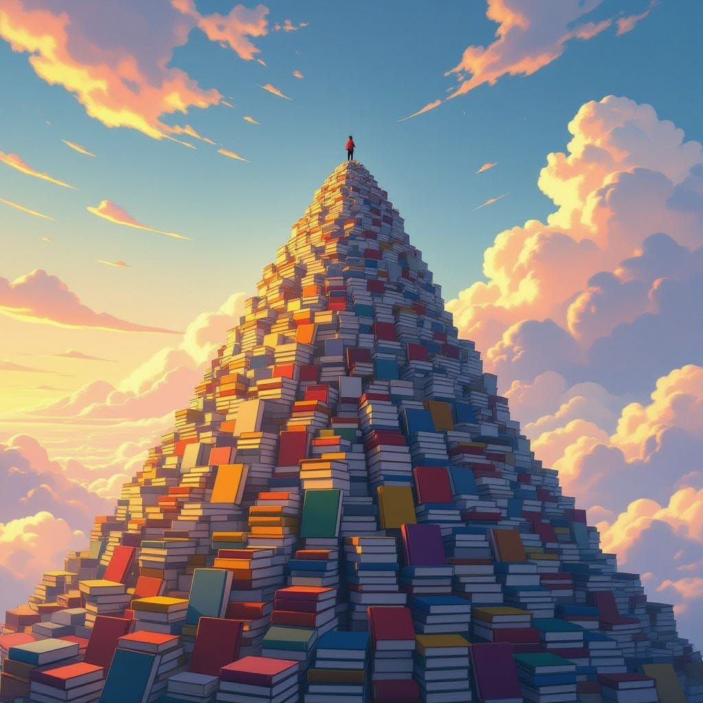 Book Mountain Summit: Figure Gazes at Horizon