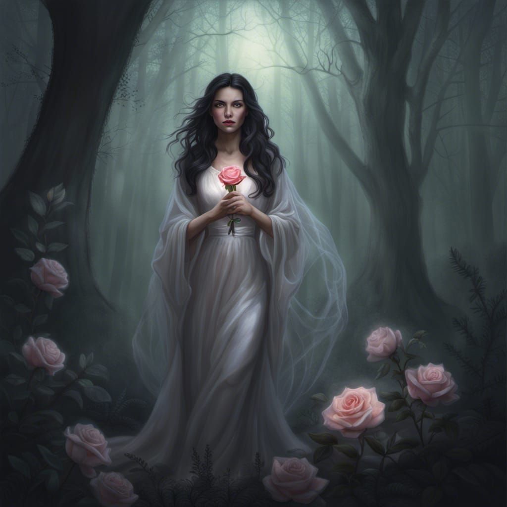 A beautiful dark haired woman but with a ghostly apparition,...