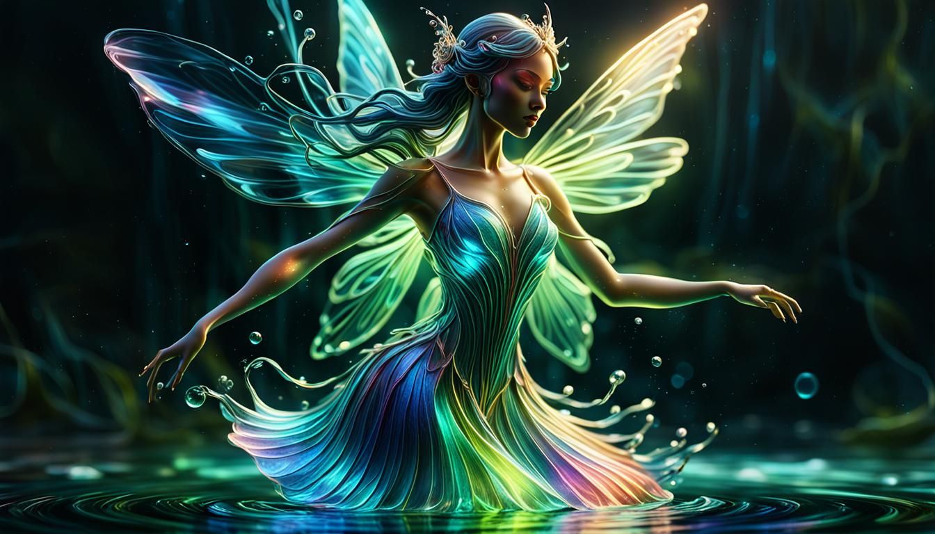 Glowing Glass Fairy Dances Over Water in 3D