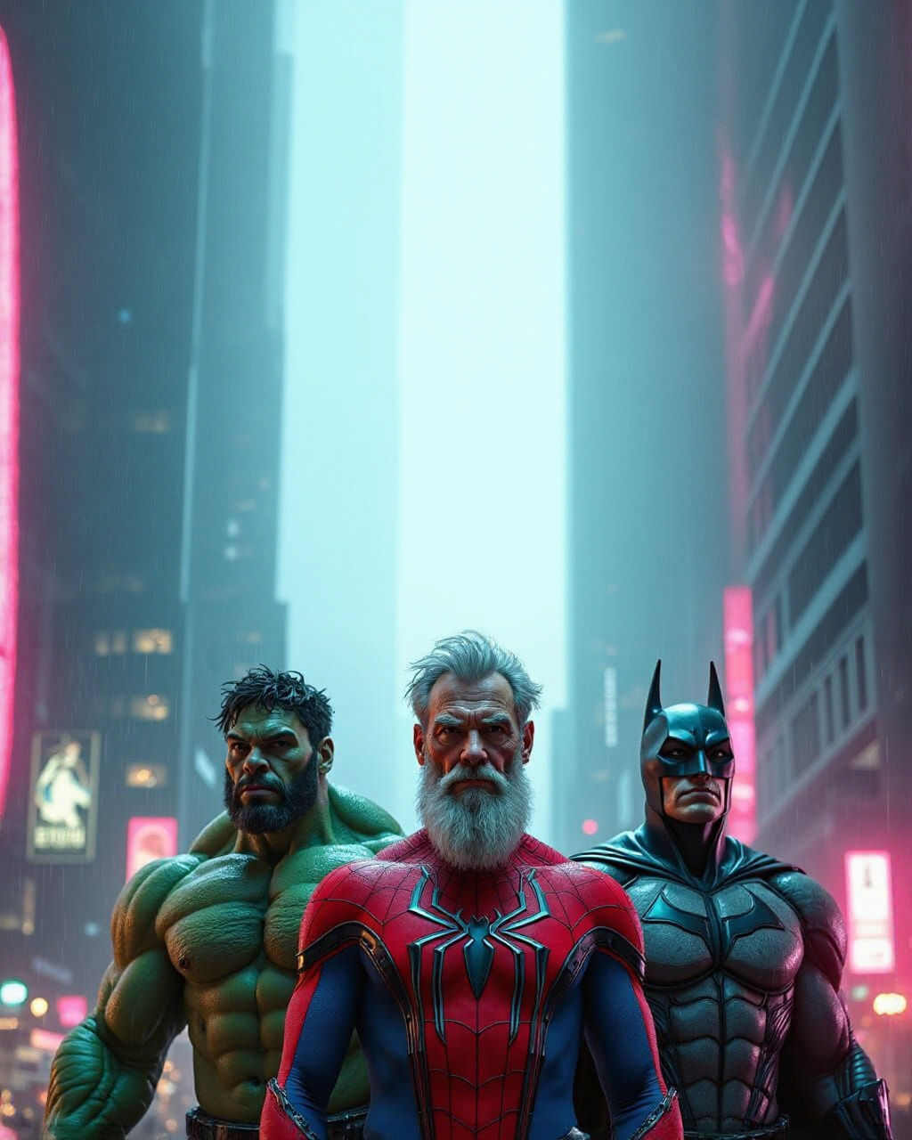 Drei gealterte, aber immer noch extrem muskulöse Superhelden im Jahr 2087, frontal in epischer Pose nebeneinander stehend: ein 65-jähriger H...