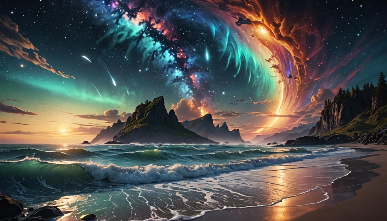 Bioluminescence sunset at the beach, beautiful starry night, aurora   by @ih432