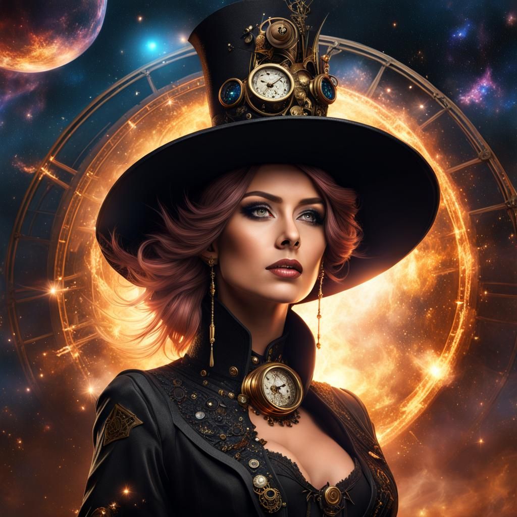 high quality steampunk portrait witch, beautiful, exploding stars ...
