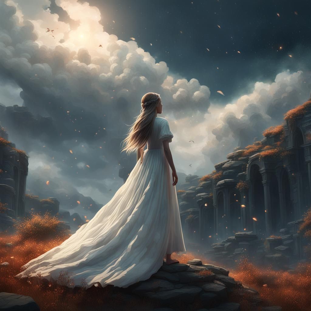 a girl who is sad with a long flowing white dress looking up...