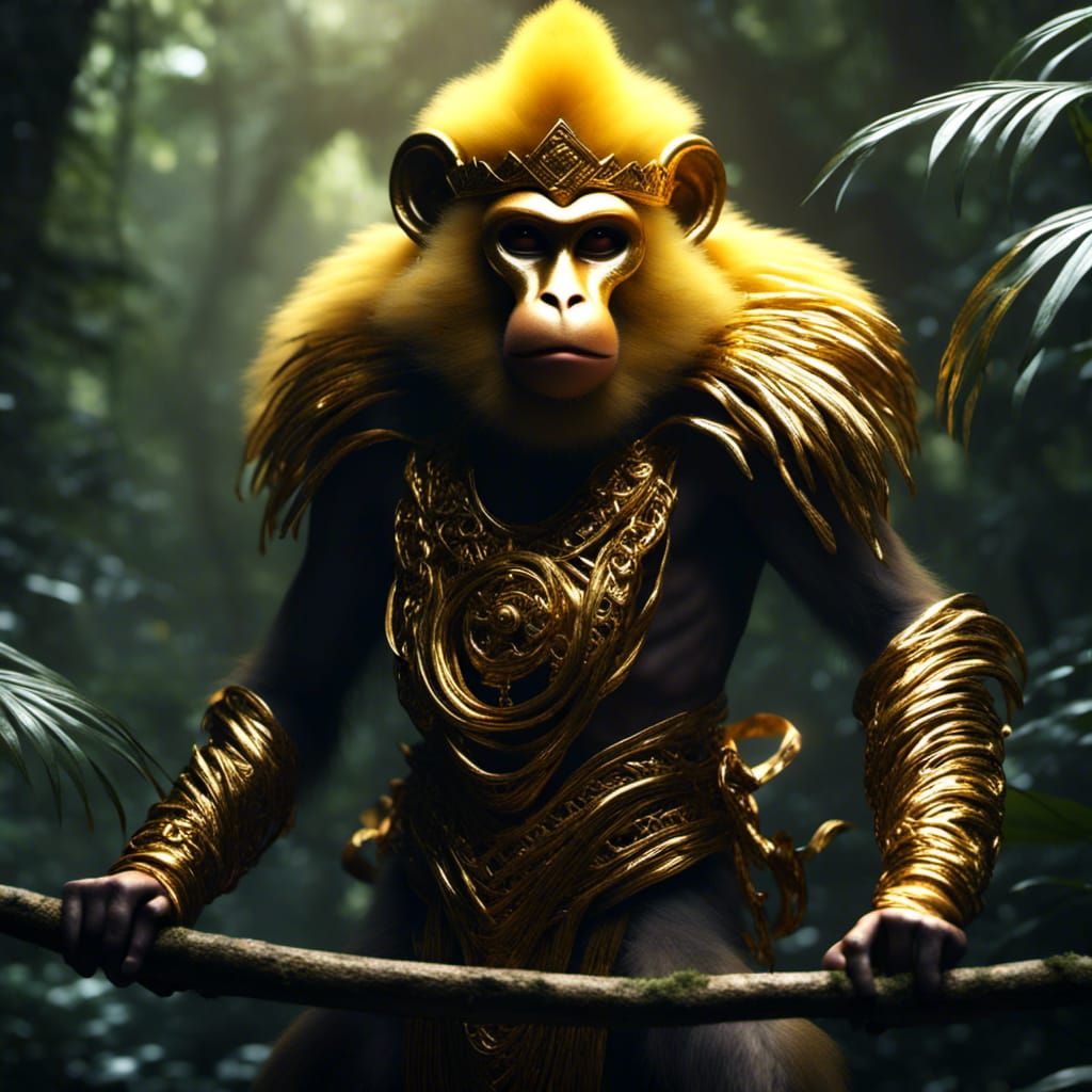 Small Golden monkey king in a dark jungle, realism digital illustration, jungle background, masterpiece, Hodas and Hwanggyu, <lora:Detailed...