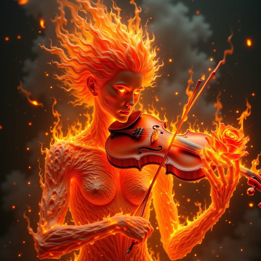 a violinist full made  of fire with a rose of fire on a fire atmosphere <lora:The Fire of Red:1.0>