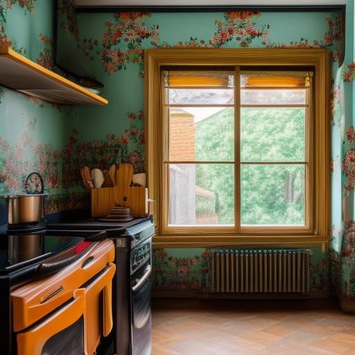 Kitchen, Eclectic wallpaper, interior, maximalist, window, n...