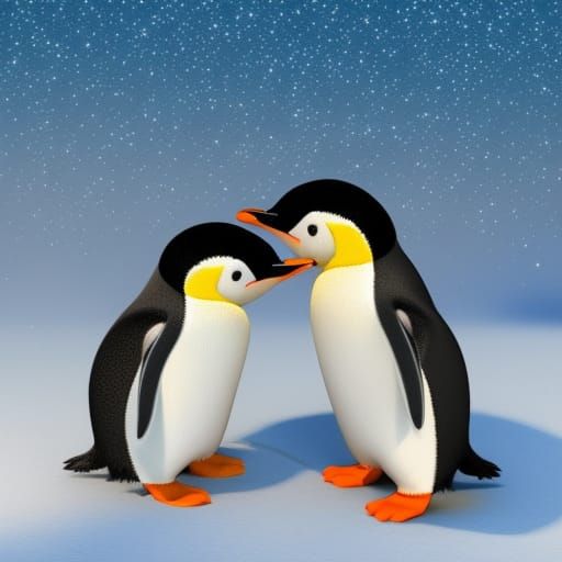 two baby penguins dancing together on a starlit snowbank - AI Generated ...