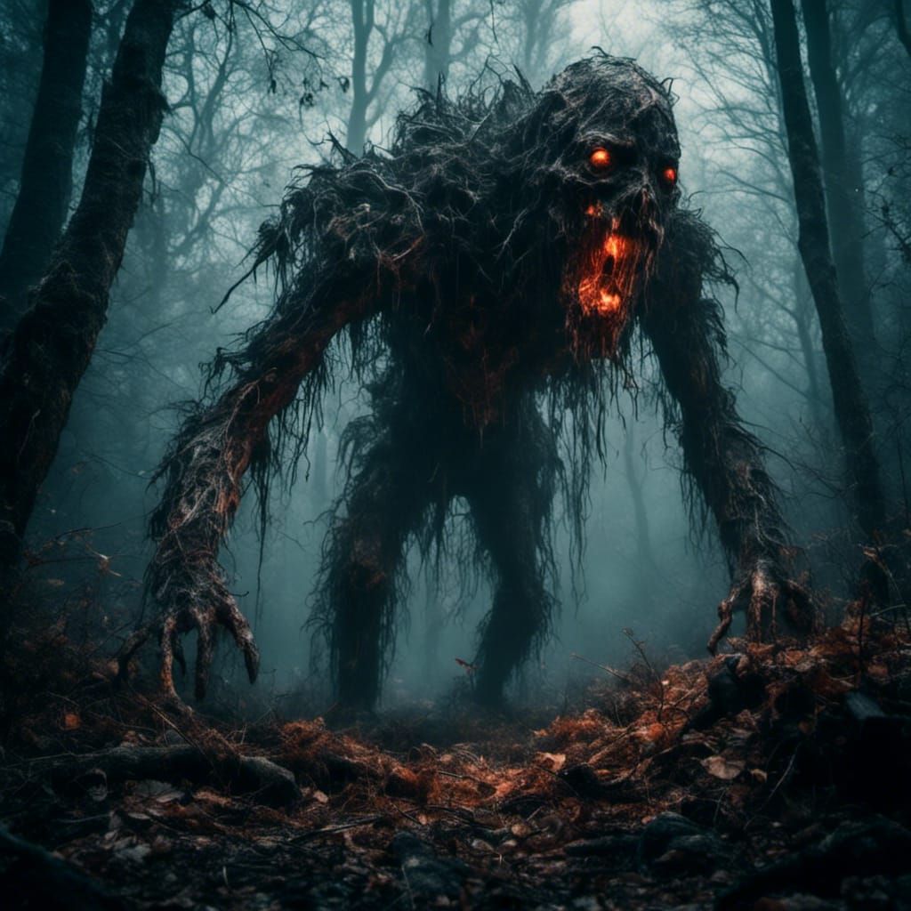 an eerie, frightening monster in a dark forest. - AI Generated