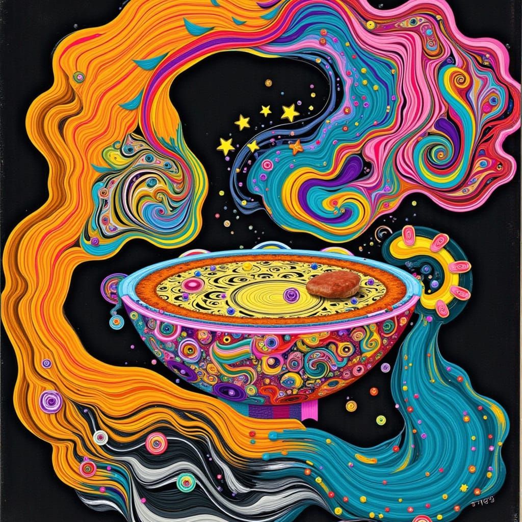 <lora:SecretSauce:1.0> <lora:mmcollage:1.0> <lora:G1i7ch5c4p3:1.0> Vibrant, swirling abstract forms, reminiscent of a steaming bowl of ramen...