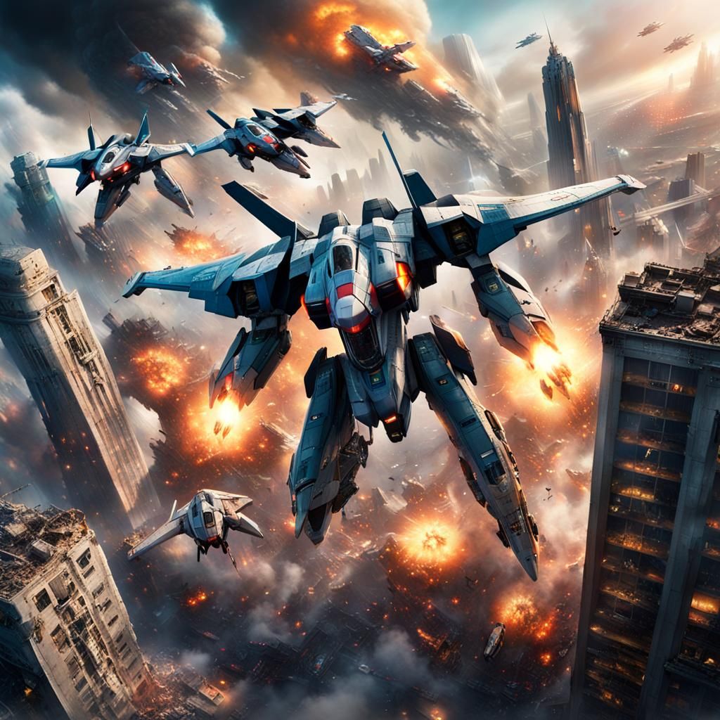 VF-1 Valkeryies fighting on a battlefield; elaborate scene with a lot of major difficult perspectives in a grandiose environment surrounded...