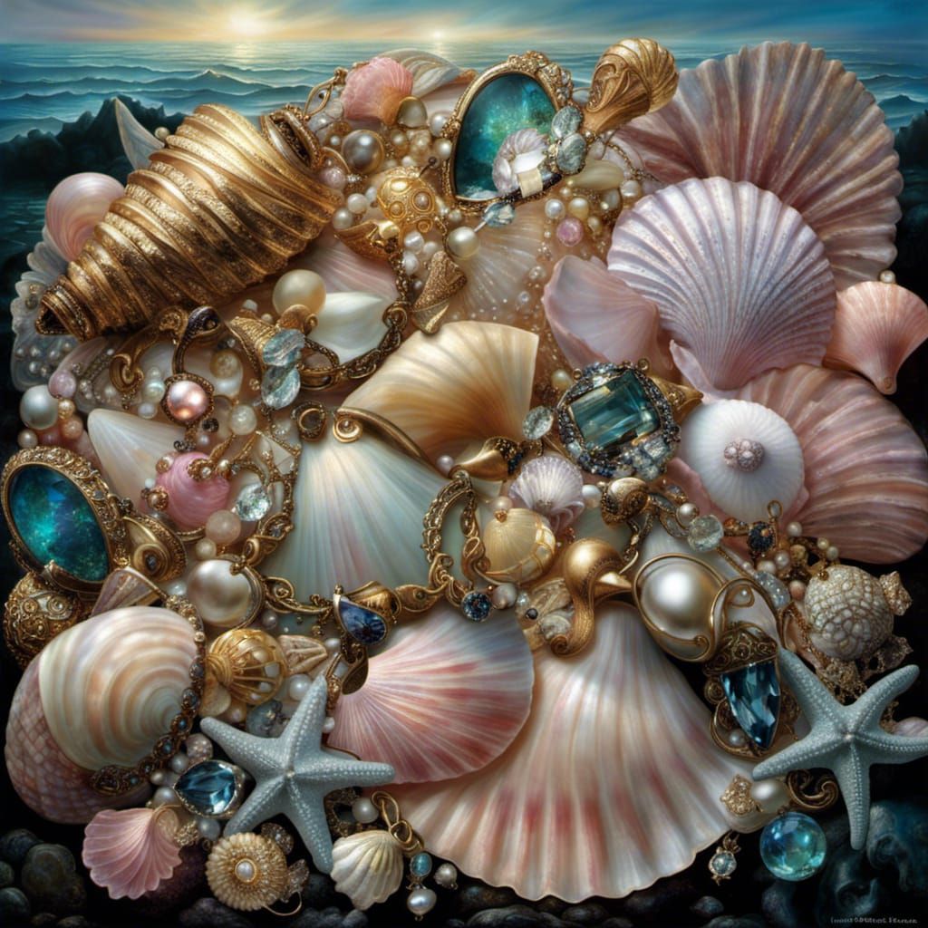 magnificent glittering jewellery and seashells sparkling in the ocean ...