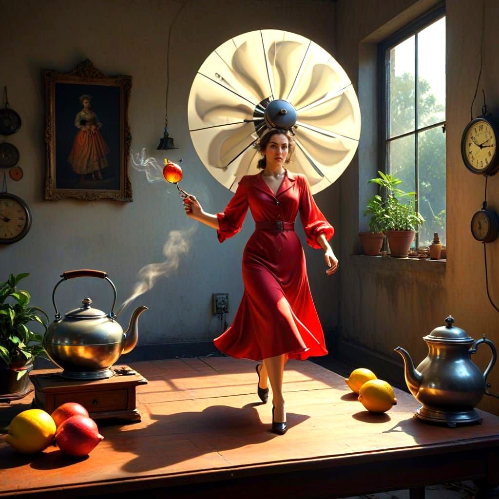 Ethereal Lady Runs Amidst Fantastical Oversized Items