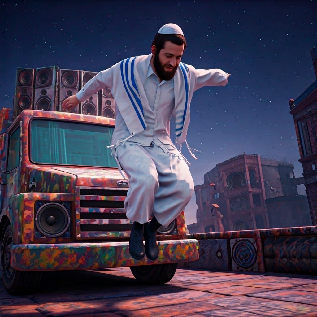 Joyful Hasidic Man Dancing on Party Truck