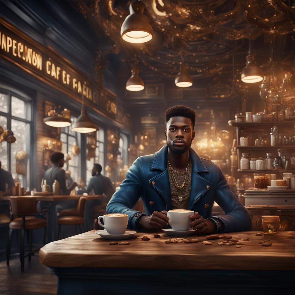 Handsome black  young man cappuccino cafe