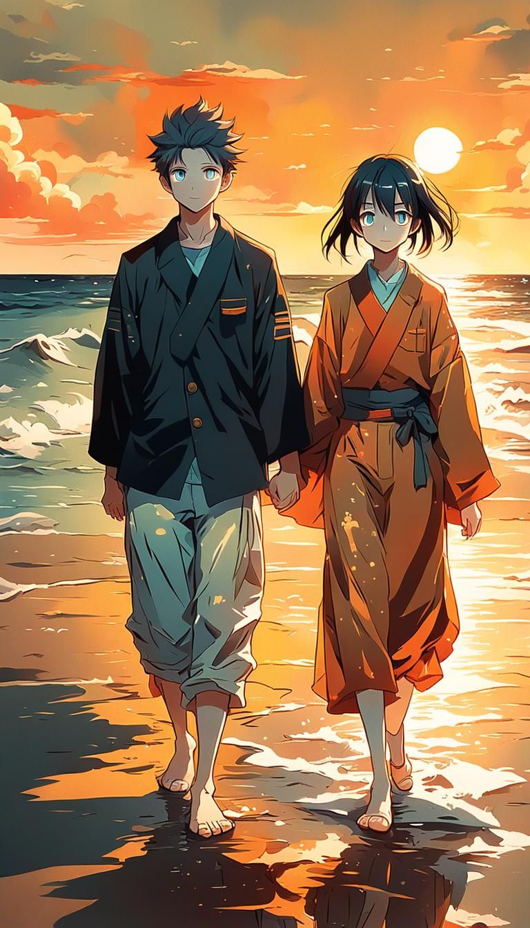 Anime Sunset Beach Walk: A Vibrant Illustration